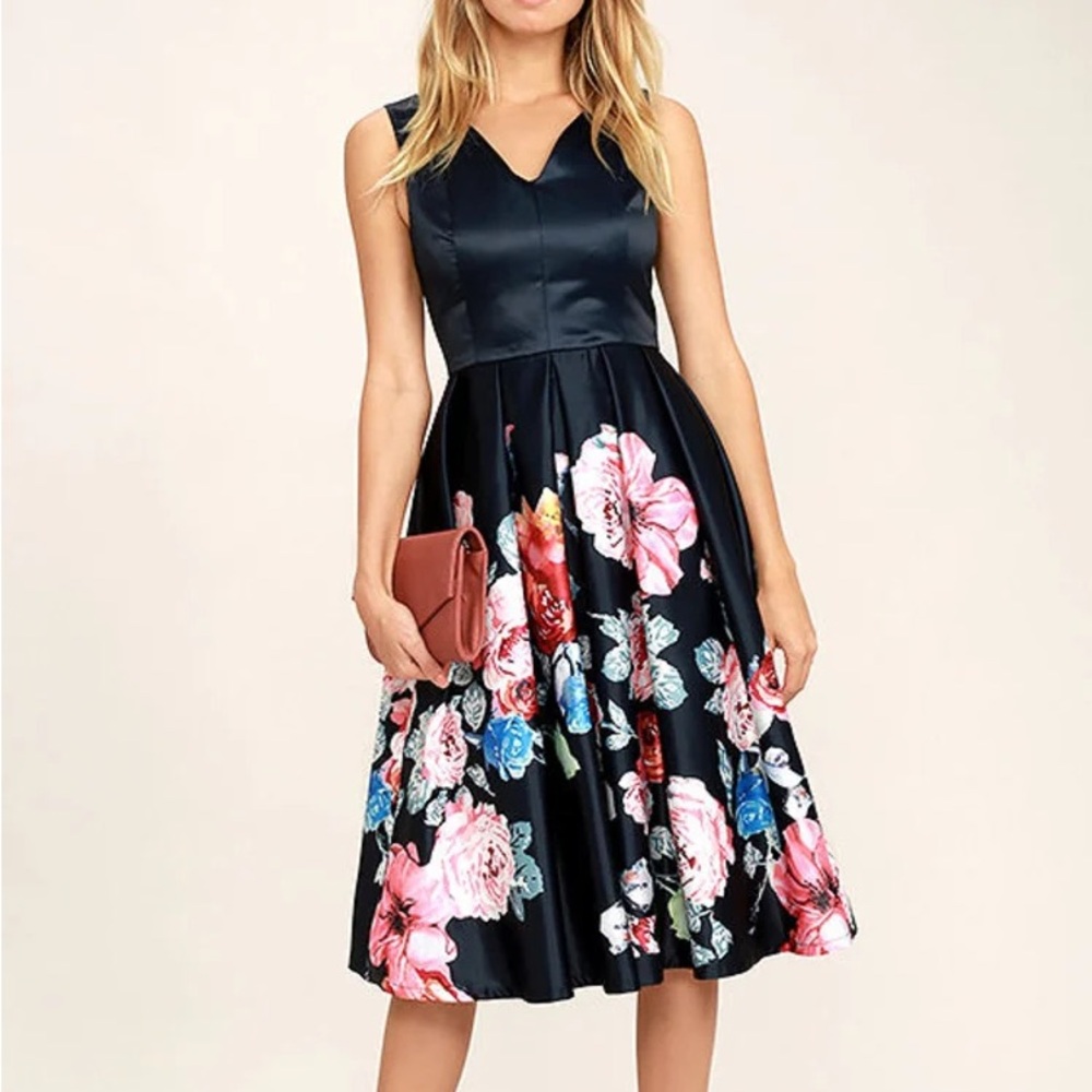 Lulu’s Anything Floral You Navy Blue Floral Print Midi Dress